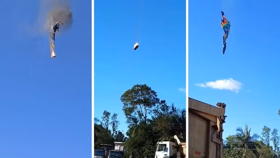 #PARA TODOS VEREM: Um balão tripulado que levava 21 pessoas a bordo despencou do céu em Praia Grande (SC) após pegar fogo, na manhã deste sábado (21).